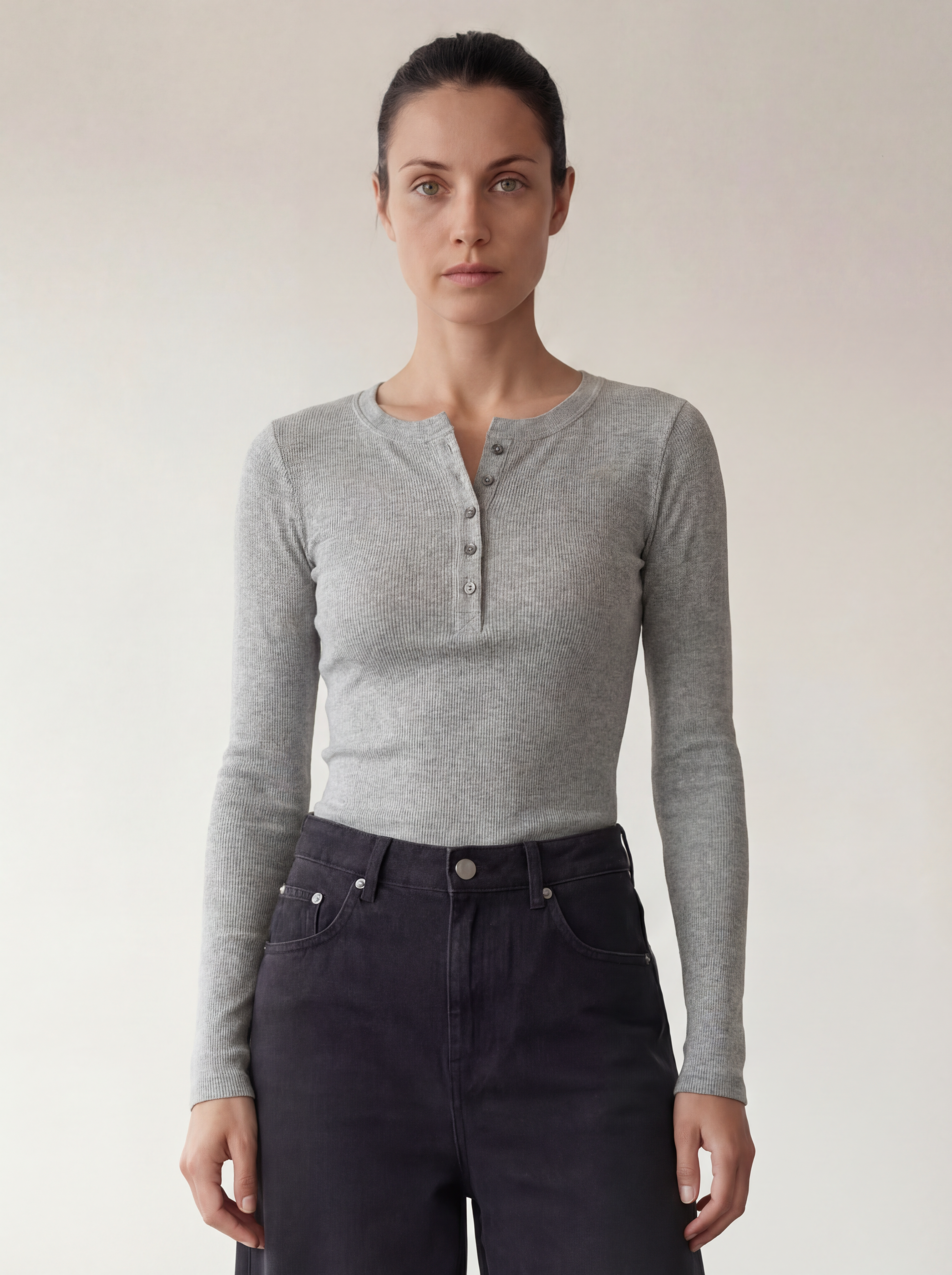 The Petra Henley Top - Light Grey Melange