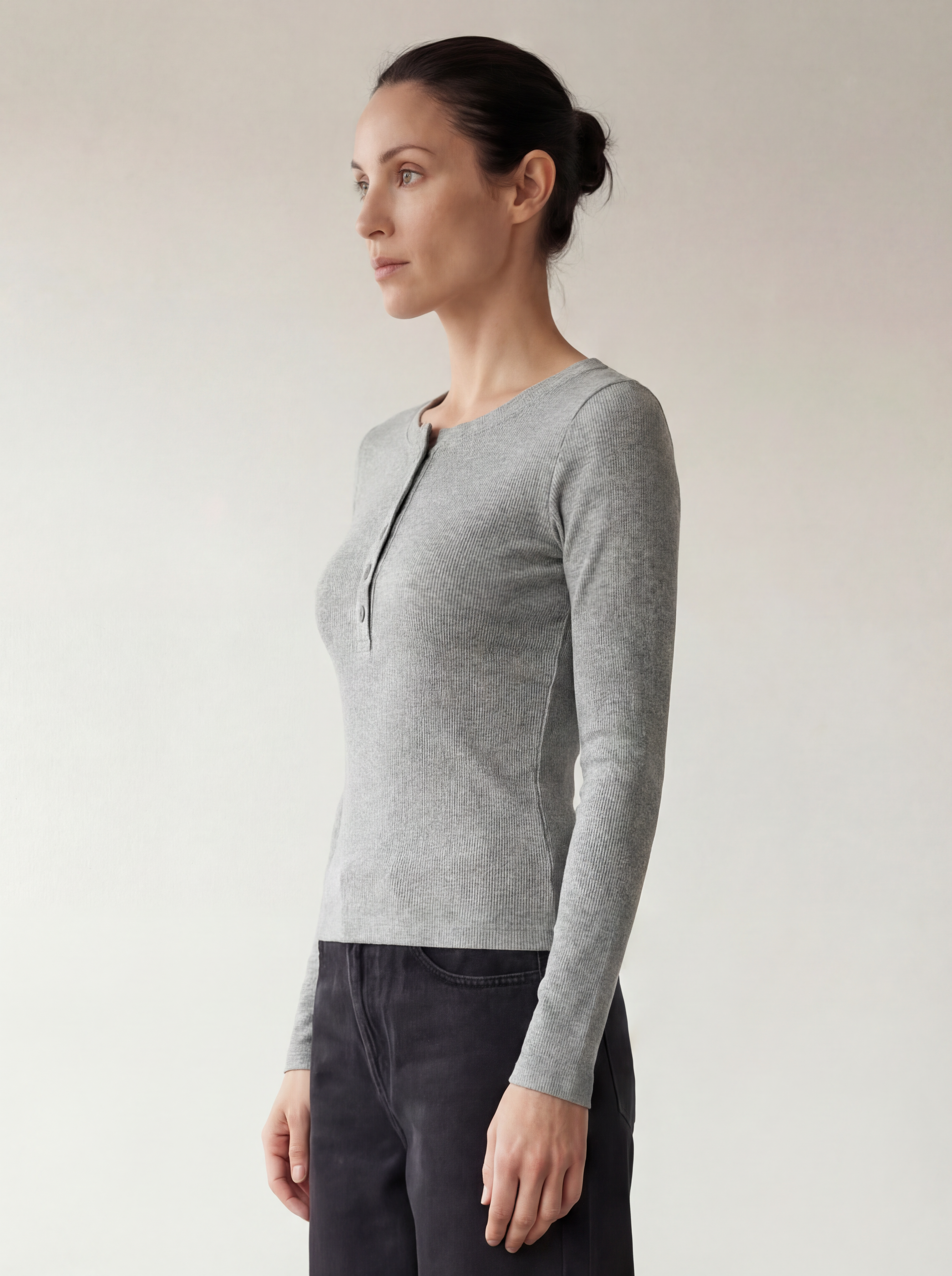 The Petra Henley Top - Light Grey Melange