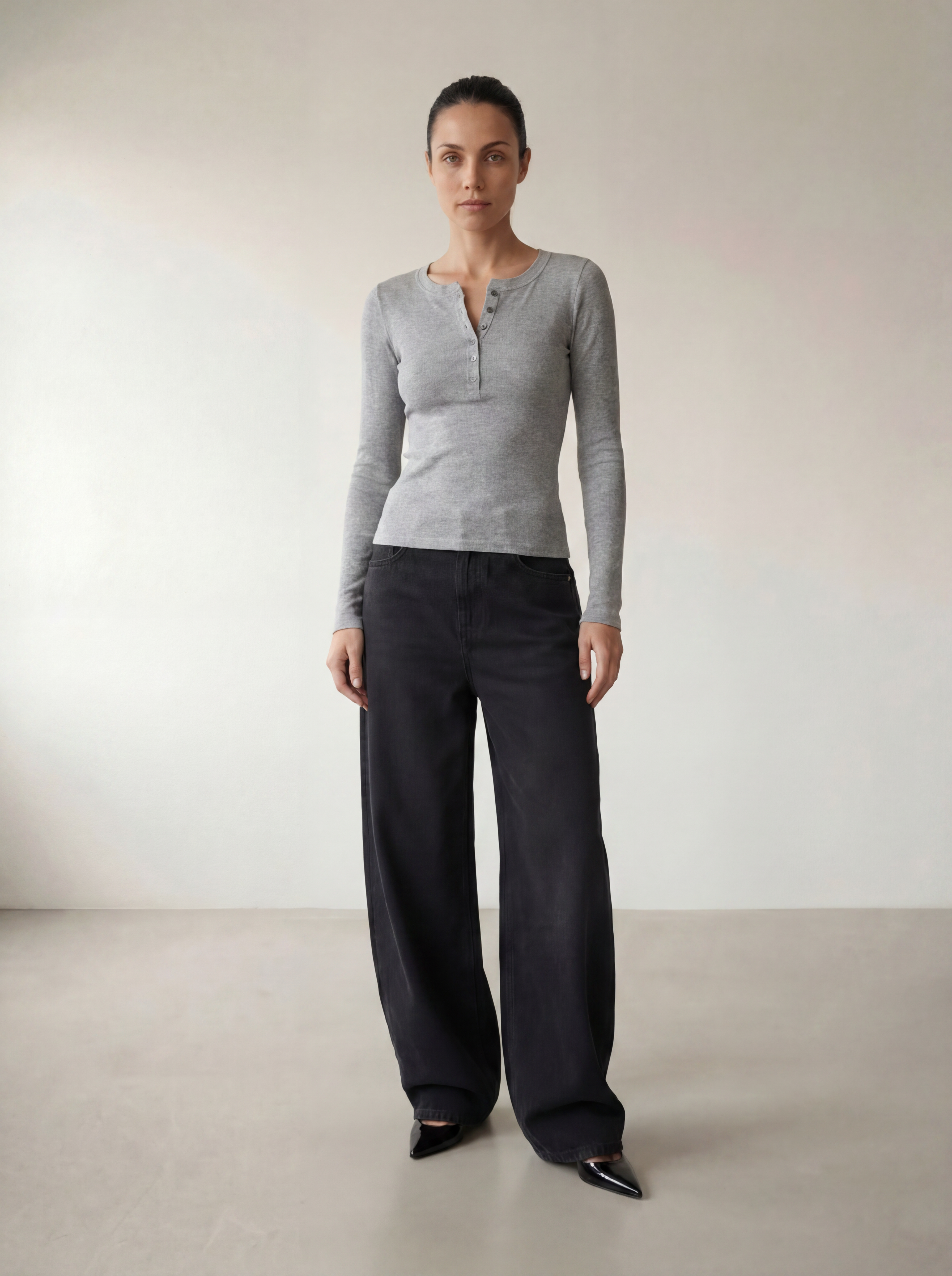 The Petra Henley Top - Light Grey Melange