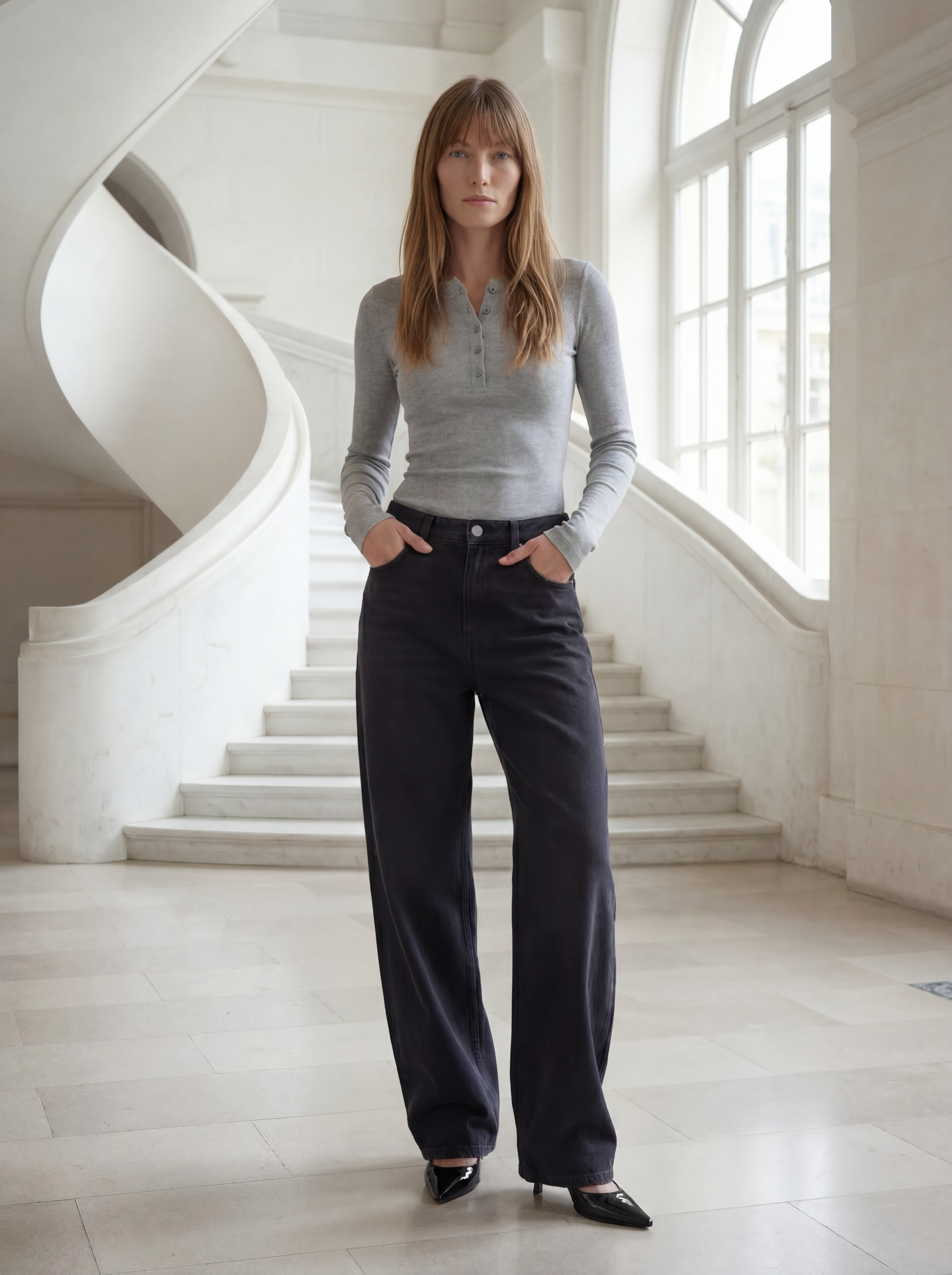 The Petra Henley Top - Light Grey Melange